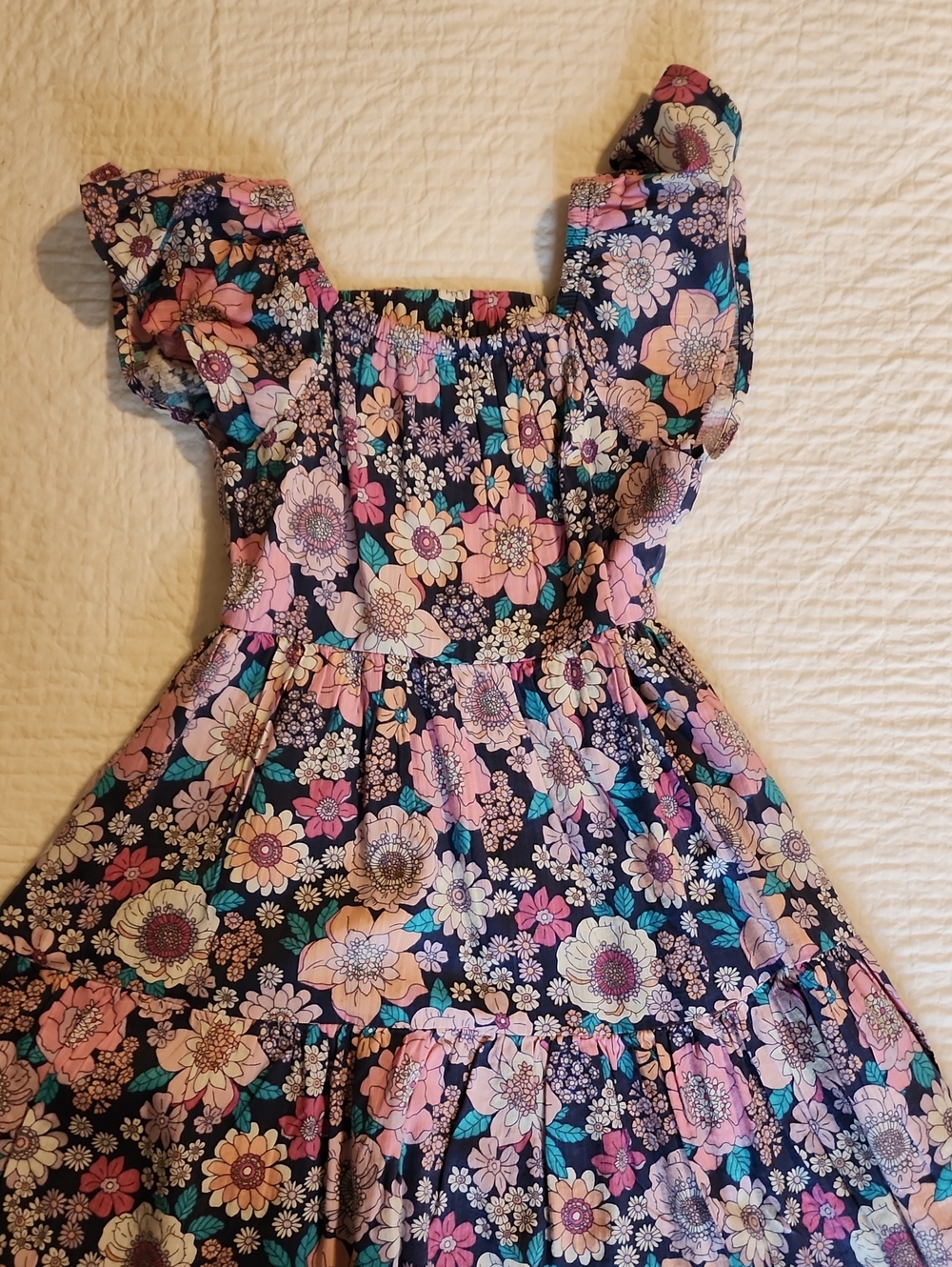 Girls Floral Ruffle-Sleeve Dress - Navy, Pink & Teal